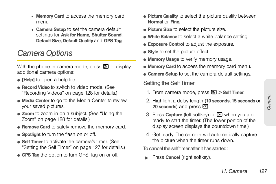 Camera options, Setting the self timer | Nortel Networks MOTOROLA BRUTE I680 User Manual | Page 137 / 193