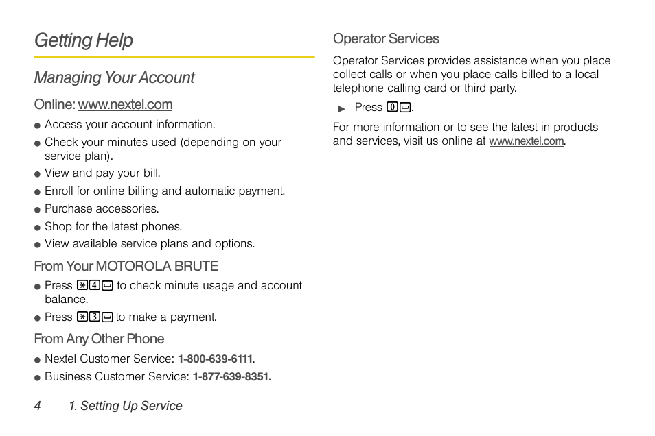 Getting help, Managing your account, Operator services | Nortel Networks MOTOROLA BRUTE I680 User Manual | Page 14 / 193