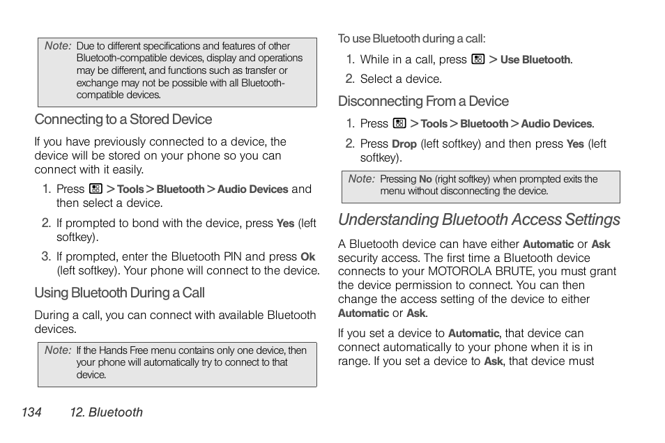 Understanding bluetooth access settings | Nortel Networks MOTOROLA BRUTE I680 User Manual | Page 144 / 193