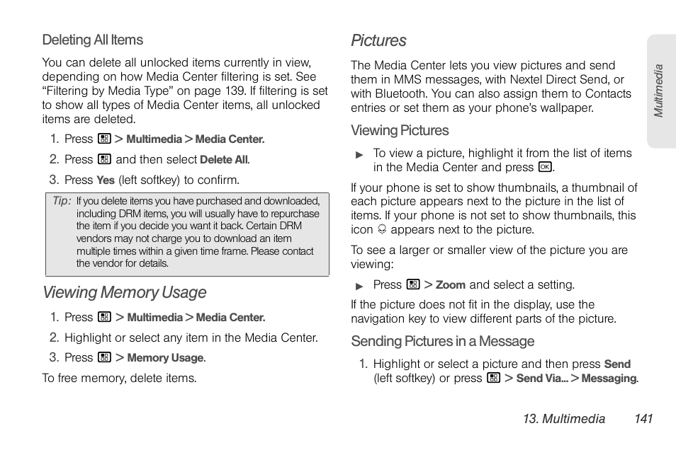 Viewing memory usage, Pictures | Nortel Networks MOTOROLA BRUTE I680 User Manual | Page 151 / 193