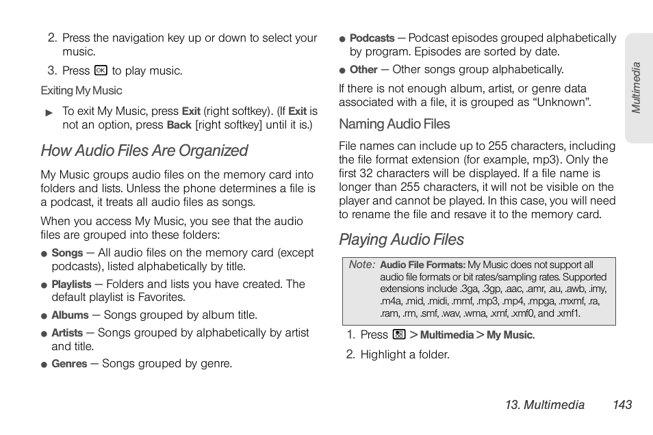 How audio files are organized, Playing audio files, Naming audio files | Nortel Networks MOTOROLA BRUTE I680 User Manual | Page 153 / 193