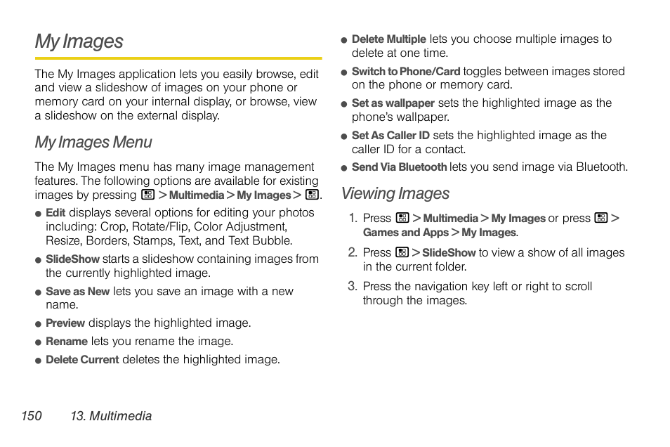 My images, My images menu, Viewing images | Nortel Networks MOTOROLA BRUTE I680 User Manual | Page 160 / 193