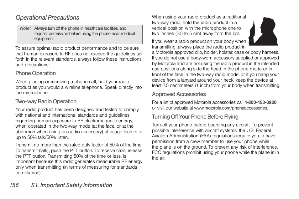 Operational precautions | Nortel Networks MOTOROLA BRUTE I680 User Manual | Page 166 / 193