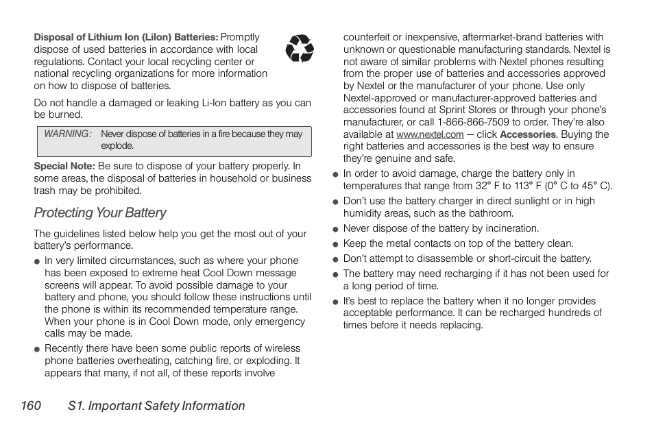 Protecting your battery, 160 s1. important safety information | Nortel Networks MOTOROLA BRUTE I680 User Manual | Page 170 / 193