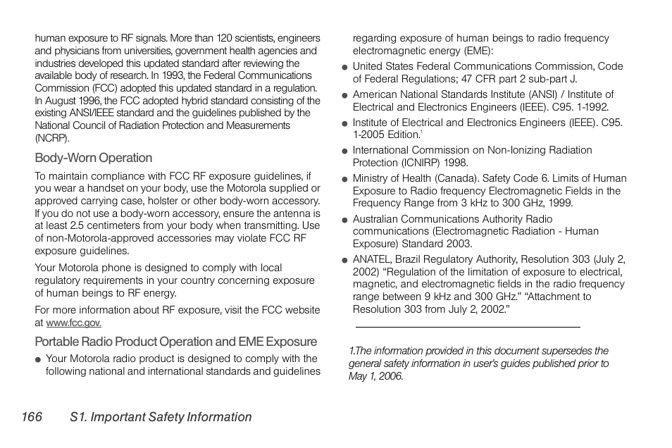 166 s1. important safety information, Body-worn operation, Portable radio product operation and eme exposure | Nortel Networks MOTOROLA BRUTE I680 User Manual | Page 176 / 193