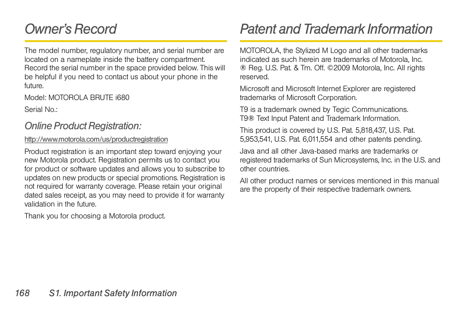 Owner’s record, Online product registration, Patent and trademark information | Nortel Networks MOTOROLA BRUTE I680 User Manual | Page 178 / 193