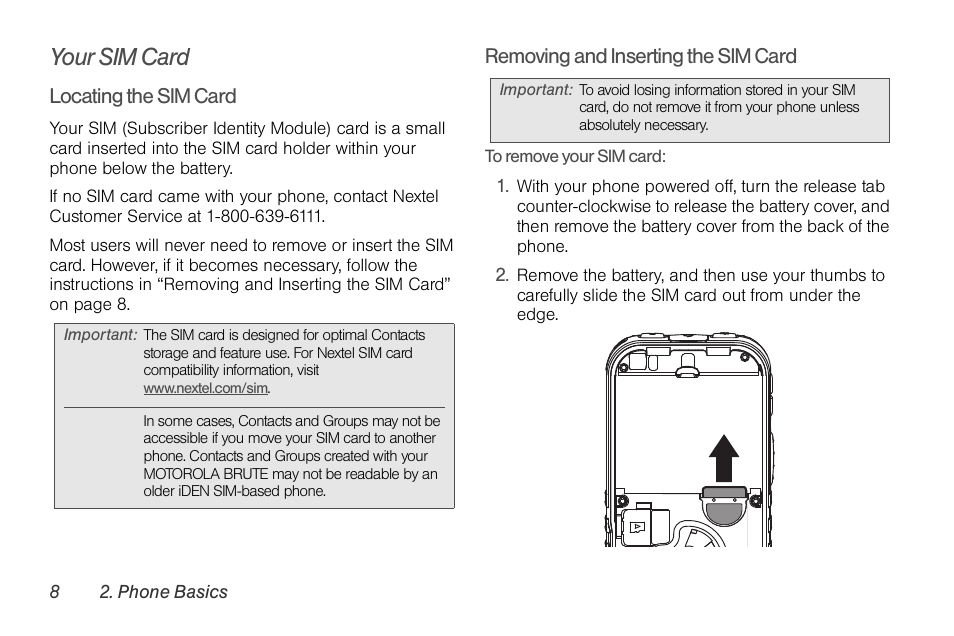 Your sim card | Nortel Networks MOTOROLA BRUTE I680 User Manual | Page 18 / 193