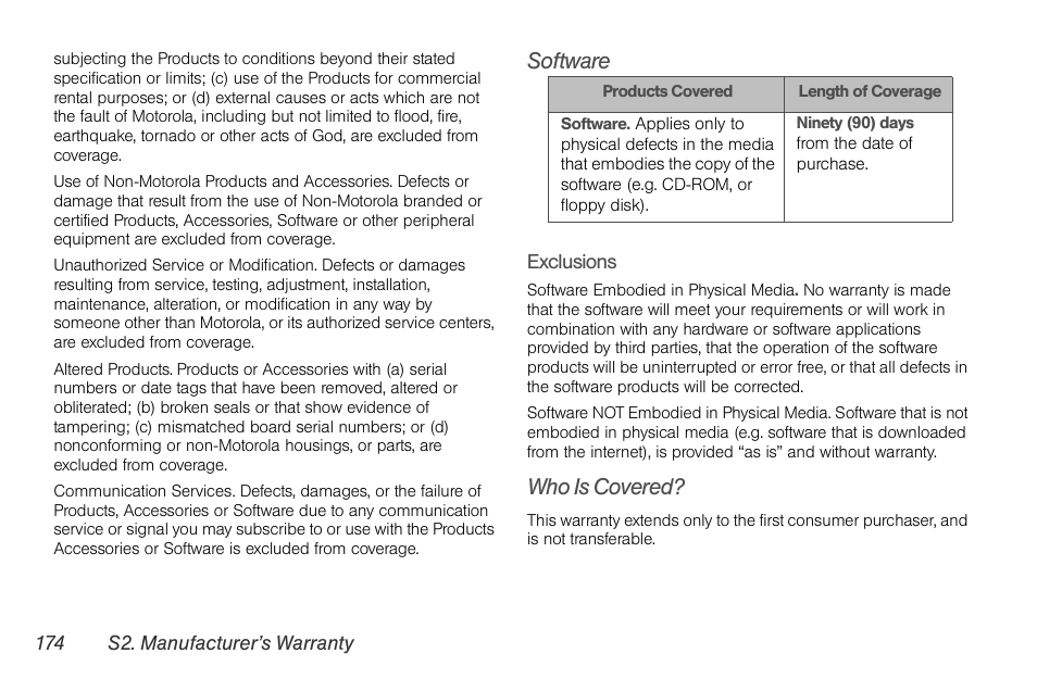 Software, Who is covered | Nortel Networks MOTOROLA BRUTE I680 User Manual | Page 184 / 193