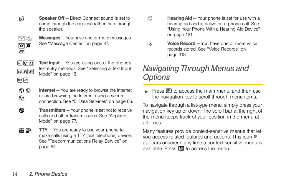 Navigating through menus and options | Nortel Networks MOTOROLA BRUTE I680 User Manual | Page 24 / 193