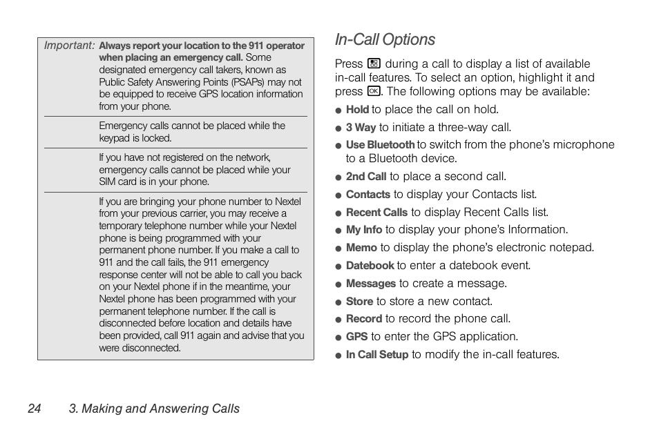 In-call options | Nortel Networks MOTOROLA BRUTE I680 User Manual | Page 34 / 193