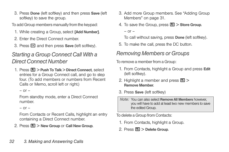 Removing members or groups | Nortel Networks MOTOROLA BRUTE I680 User Manual | Page 42 / 193