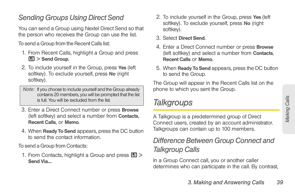 Sending groups using direct send, Talkgroups | Nortel Networks MOTOROLA BRUTE I680 User Manual | Page 49 / 193