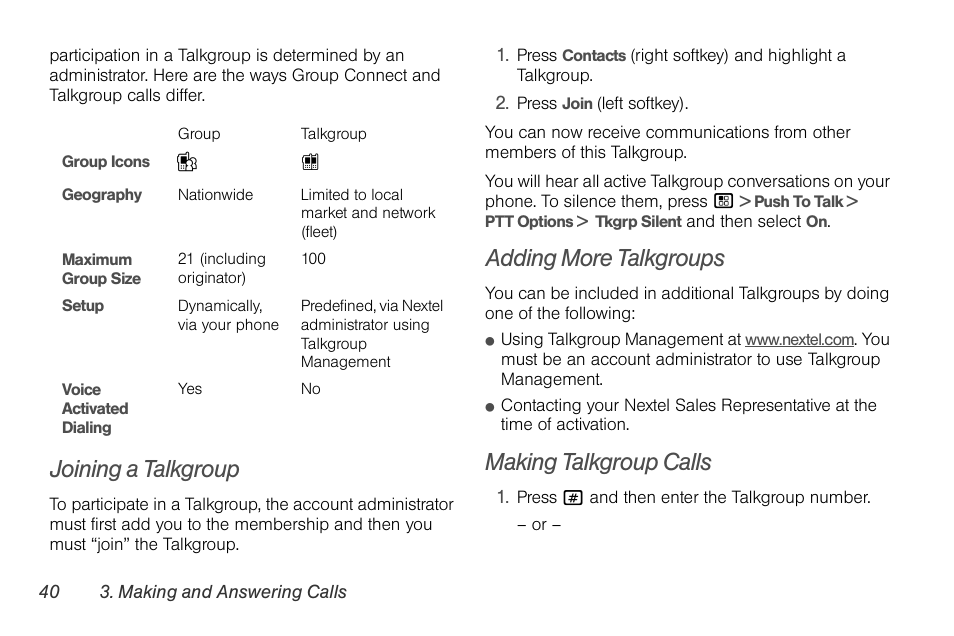 Joining a talkgroup, Adding more talkgroups, Making talkgroup calls | Nortel Networks MOTOROLA BRUTE I680 User Manual | Page 50 / 193