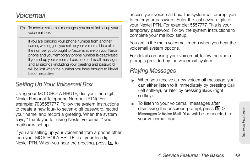 Voicemail, Setting up your voicemail box, Playing messages | Nortel Networks MOTOROLA BRUTE I680 User Manual | Page 59 / 193