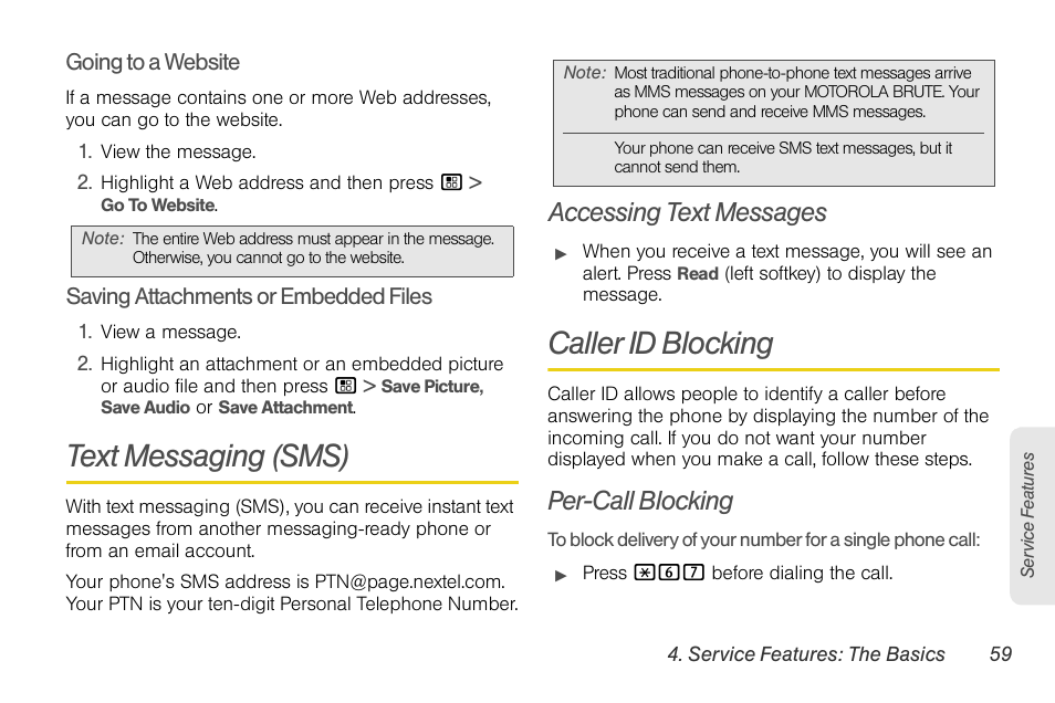 Text messaging (sms), Accessing text messages, Caller id blocking | Per-call blocking | Nortel Networks MOTOROLA BRUTE I680 User Manual | Page 69 / 193