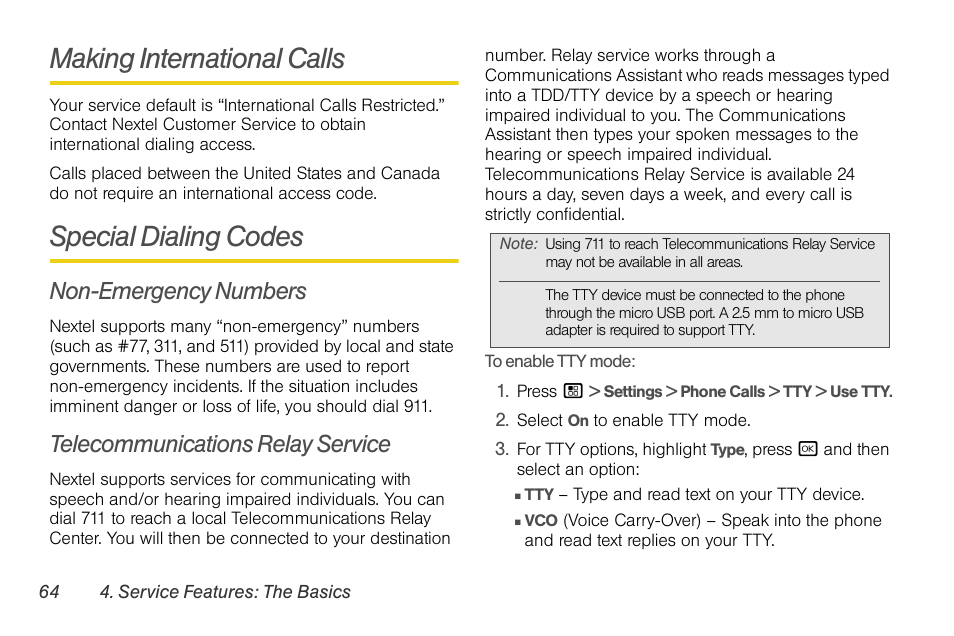 Making international calls, Special dialing codes, Non-emergency numbers | Telecommunications relay service | Nortel Networks MOTOROLA BRUTE I680 User Manual | Page 74 / 193