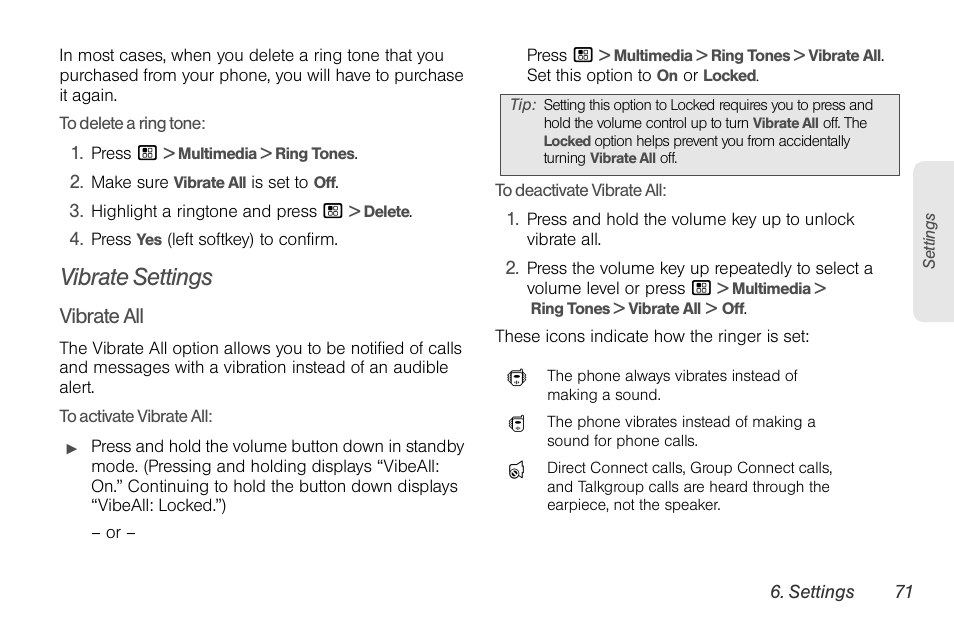 Vibrate settings | Nortel Networks MOTOROLA BRUTE I680 User Manual | Page 81 / 193