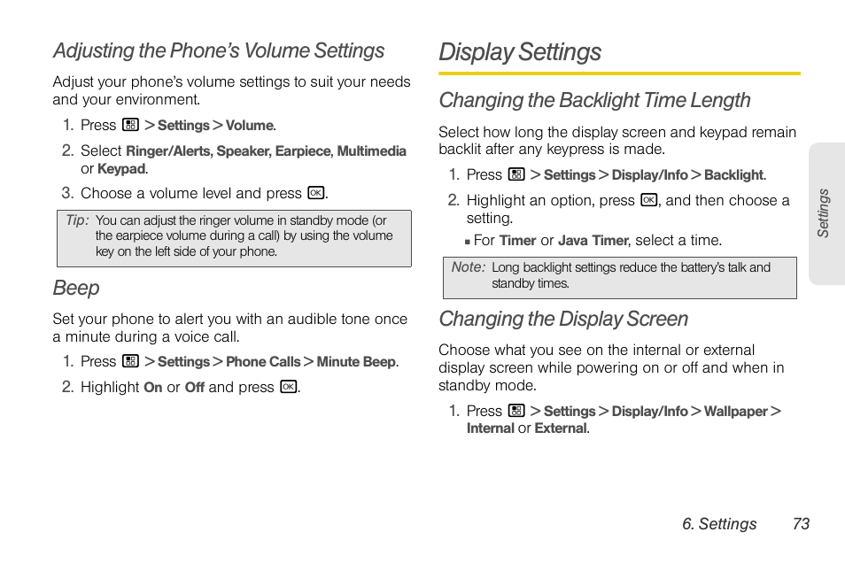 Adjusting the phone’s volume settings, Beep, Display settings | Changing the backlight time length, Changing the display screen | Nortel Networks MOTOROLA BRUTE I680 User Manual | Page 83 / 193