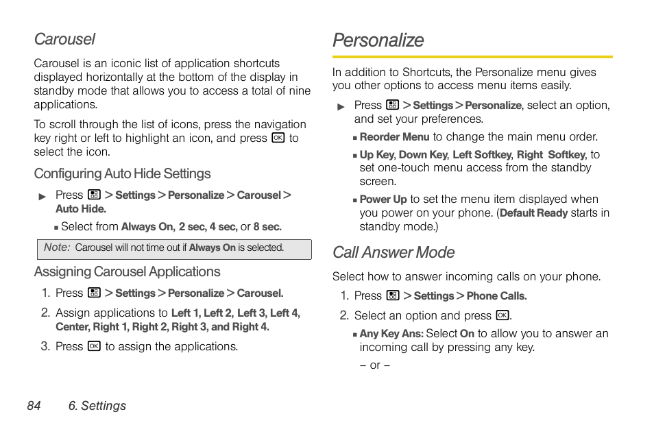 Carousel, Personalize, Call answer mode | Nortel Networks MOTOROLA BRUTE I680 User Manual | Page 94 / 193