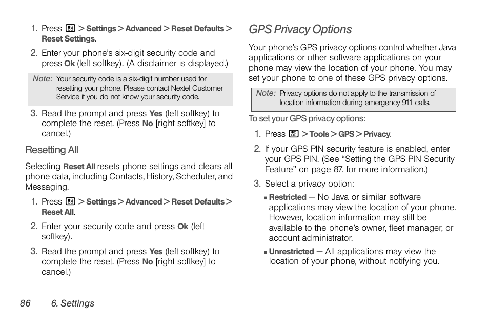 Gps privacy options | Nortel Networks MOTOROLA BRUTE I680 User Manual | Page 96 / 193