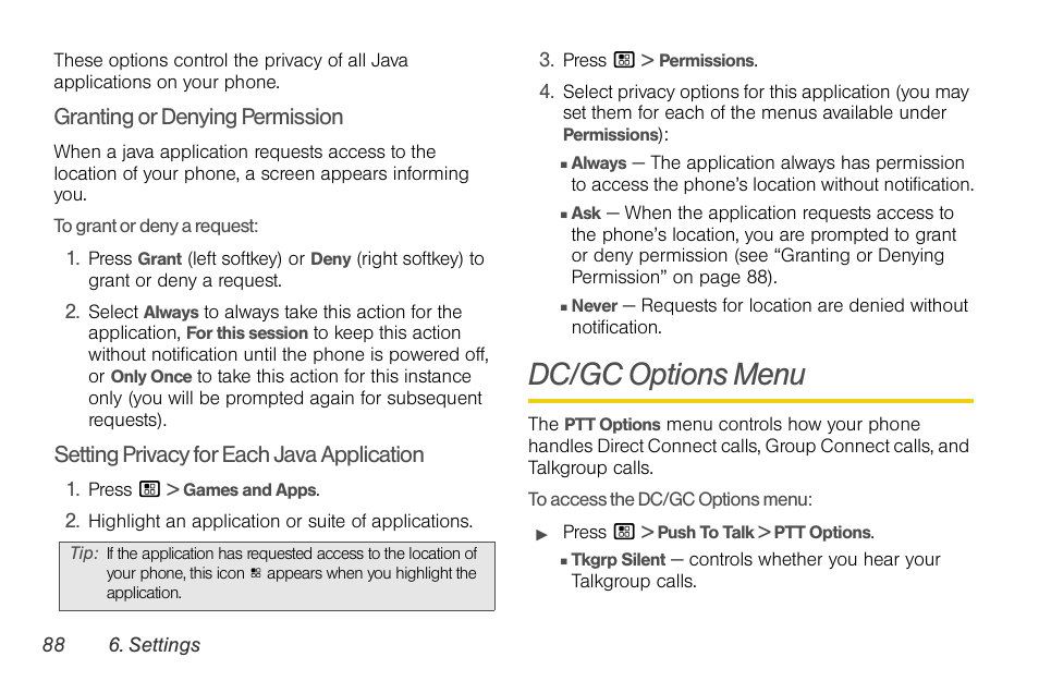 Dc/gc options menu | Nortel Networks MOTOROLA BRUTE I680 User Manual | Page 98 / 193