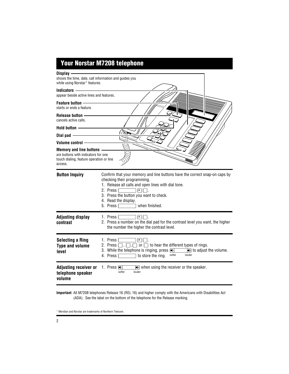Your norstar m7208 telephone | Nortel Networks M7208 User Manual | Page 2 / 4