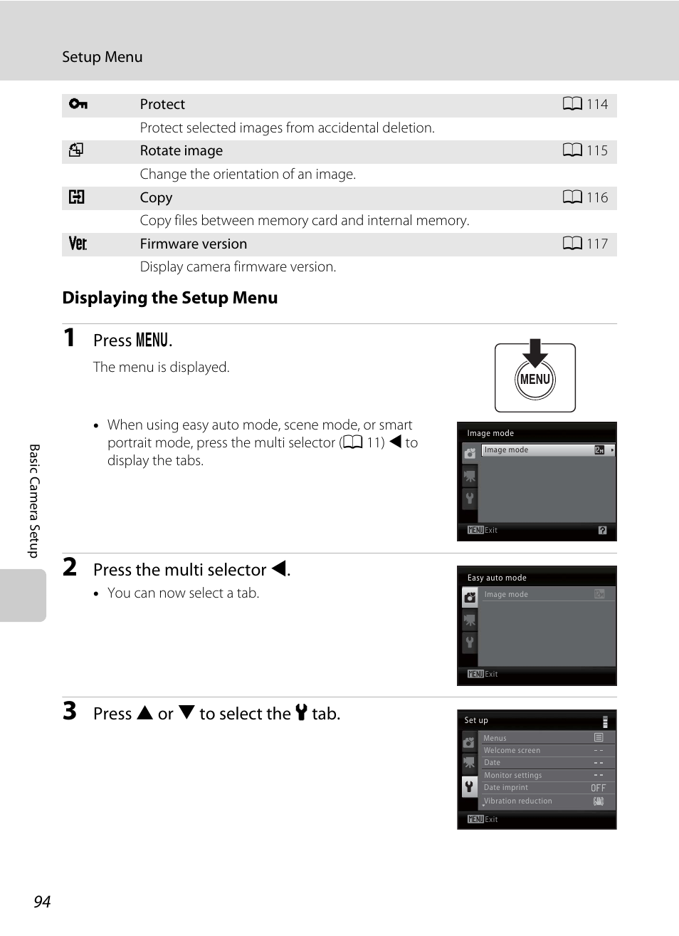 Displaying the setup menu, Press d, Press the multi selector j | Press h or i to select the z tab | Nortel Networks L110 User Manual | Page 106 / 156