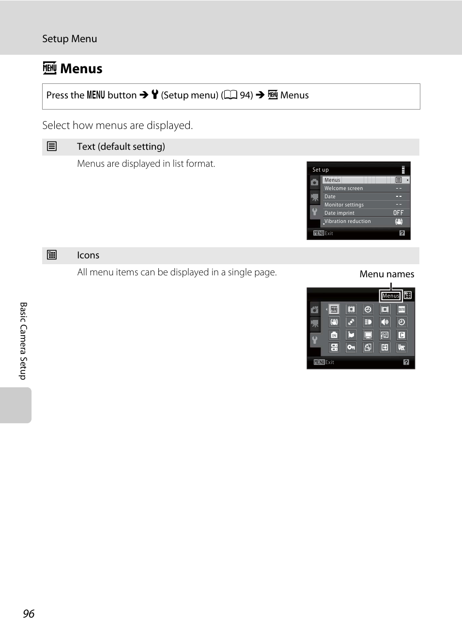 Menus, A menus, A 96 | Amenus, Select how menus are displayed, Setup menu | Nortel Networks L110 User Manual | Page 108 / 156