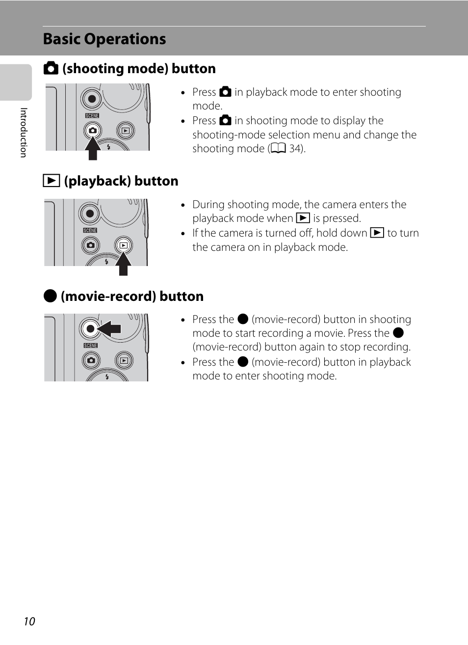 Basic operations, Shooting mode button, Playback button | Movie-record button | Nortel Networks L110 User Manual | Page 22 / 156