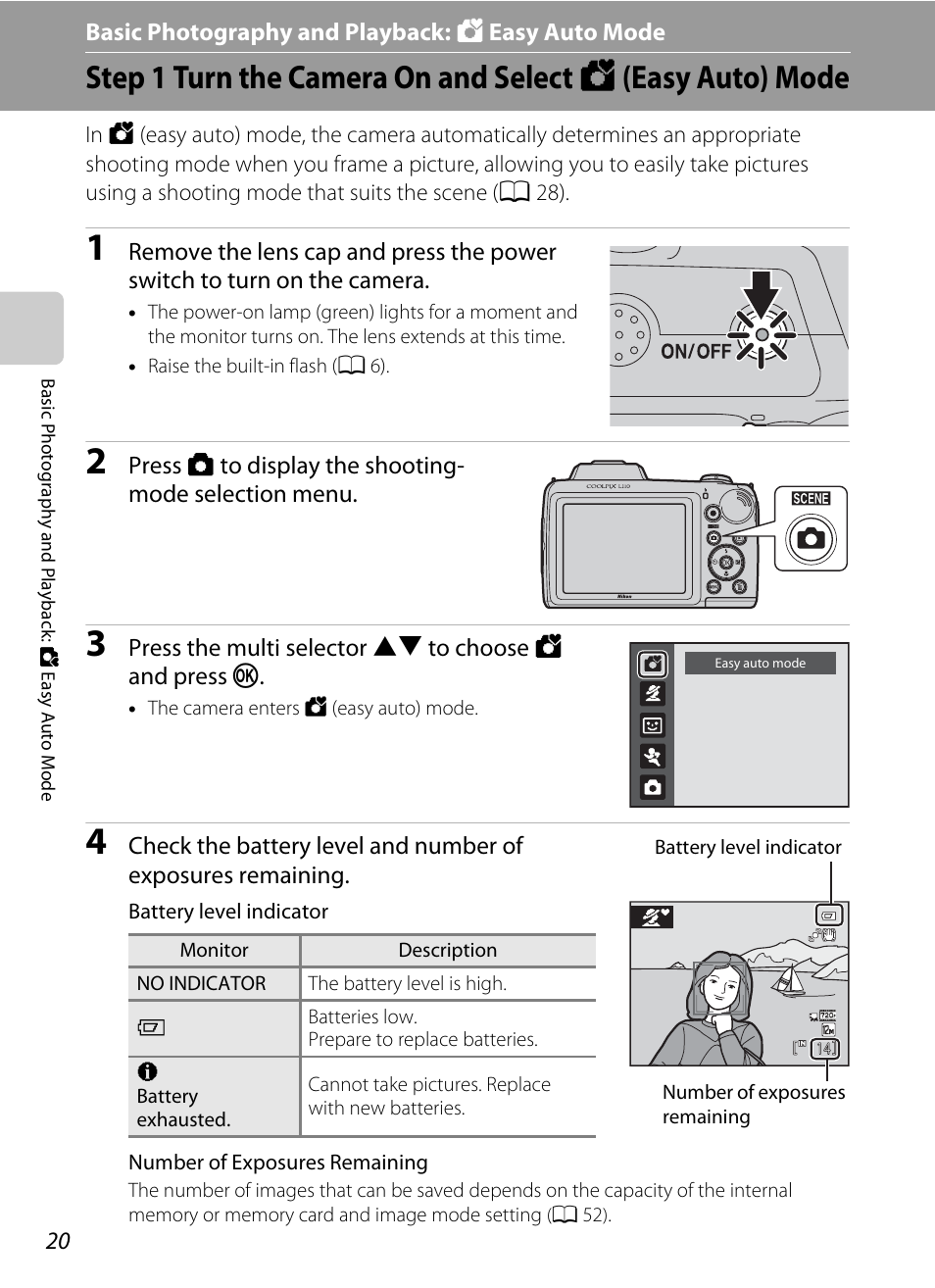 Basic photography and playback: easy auto mode, Basic photography and playback: g easy auto mode, A 20) | Nortel Networks L110 User Manual | Page 32 / 156