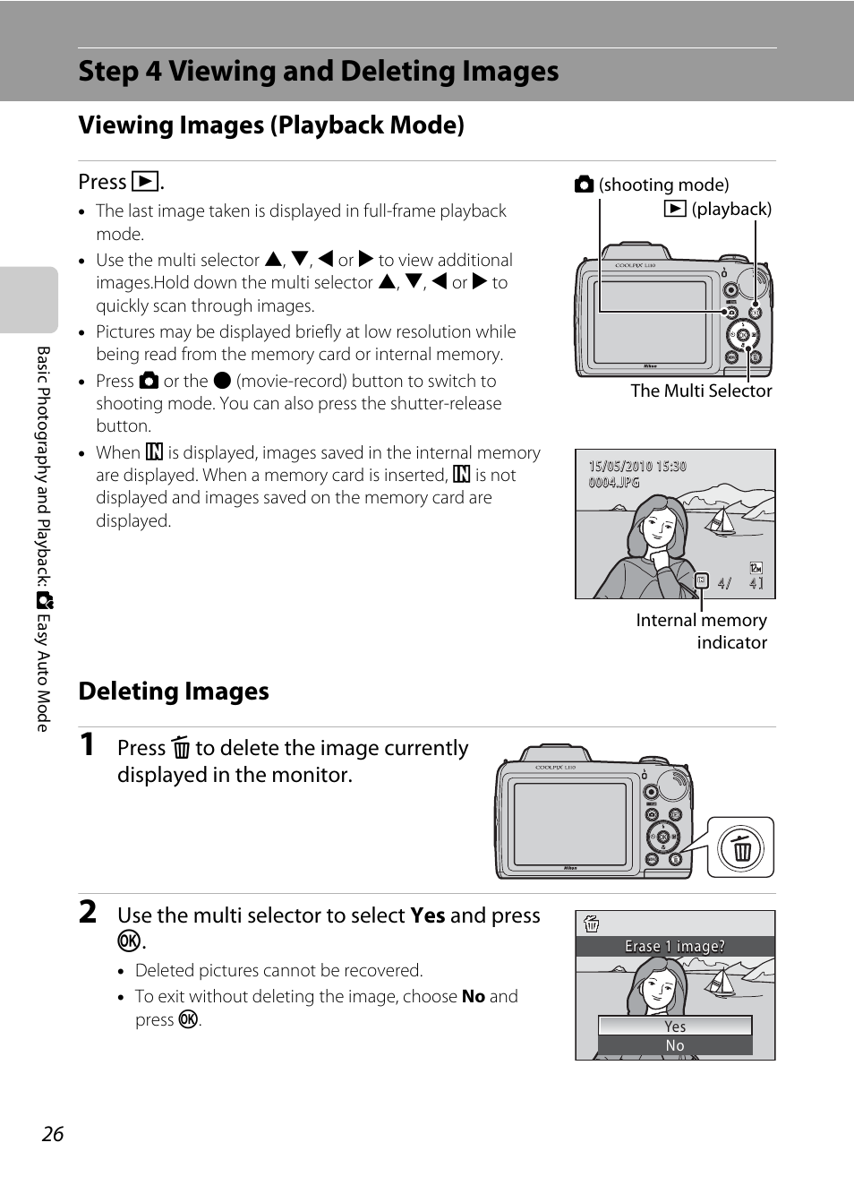 Step 4 viewing and deleting images, Viewing images (playback mode), Deleting images | Viewing images (playback mode) deleting images, Press c, Use the multi selector to select yes and press k | Nortel Networks L110 User Manual | Page 38 / 156