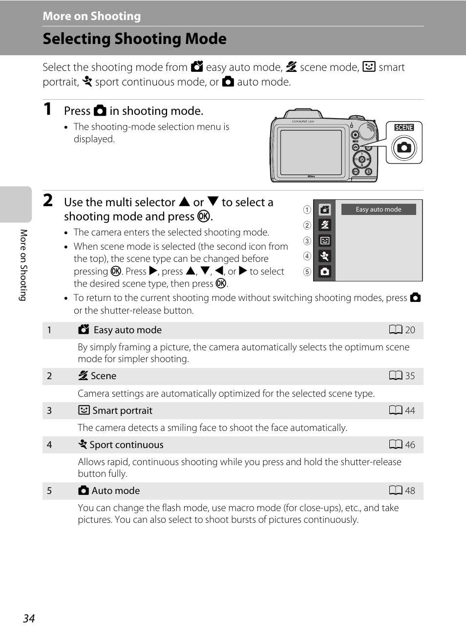 More on shooting, Selecting shooting mode, A 34) | Nortel Networks L110 User Manual | Page 46 / 156