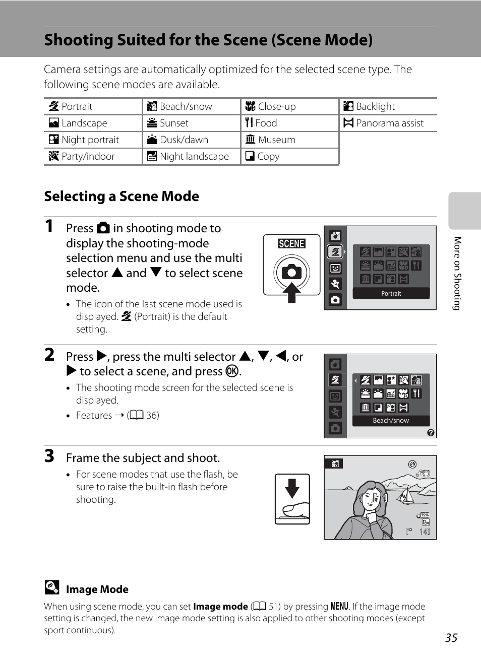 Shooting suited for the scene (scene mode), Selecting a scene mode, A 35), or smart po | Nu (a 35), A 35 | Nortel Networks L110 User Manual | Page 47 / 156