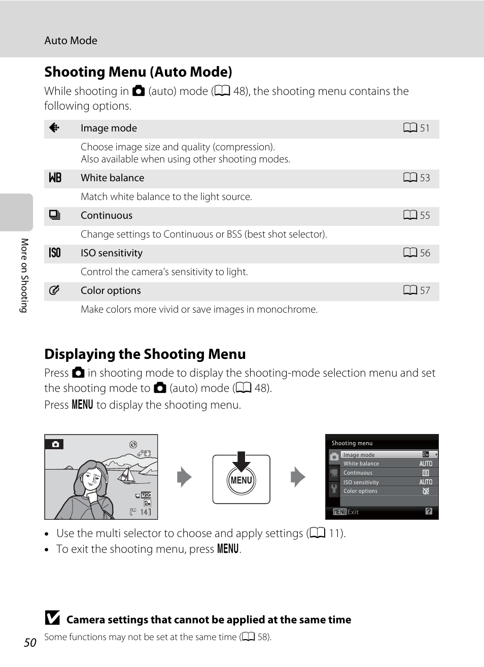 Shooting menu (auto mode), Displaying the shooting menu, A 50) | Nortel Networks L110 User Manual | Page 62 / 156