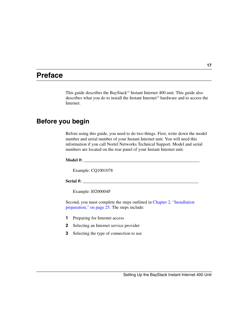 Preface, Before you begin | Nortel Networks Instant Internet 400 Unit User Manual | Page 17 / 60