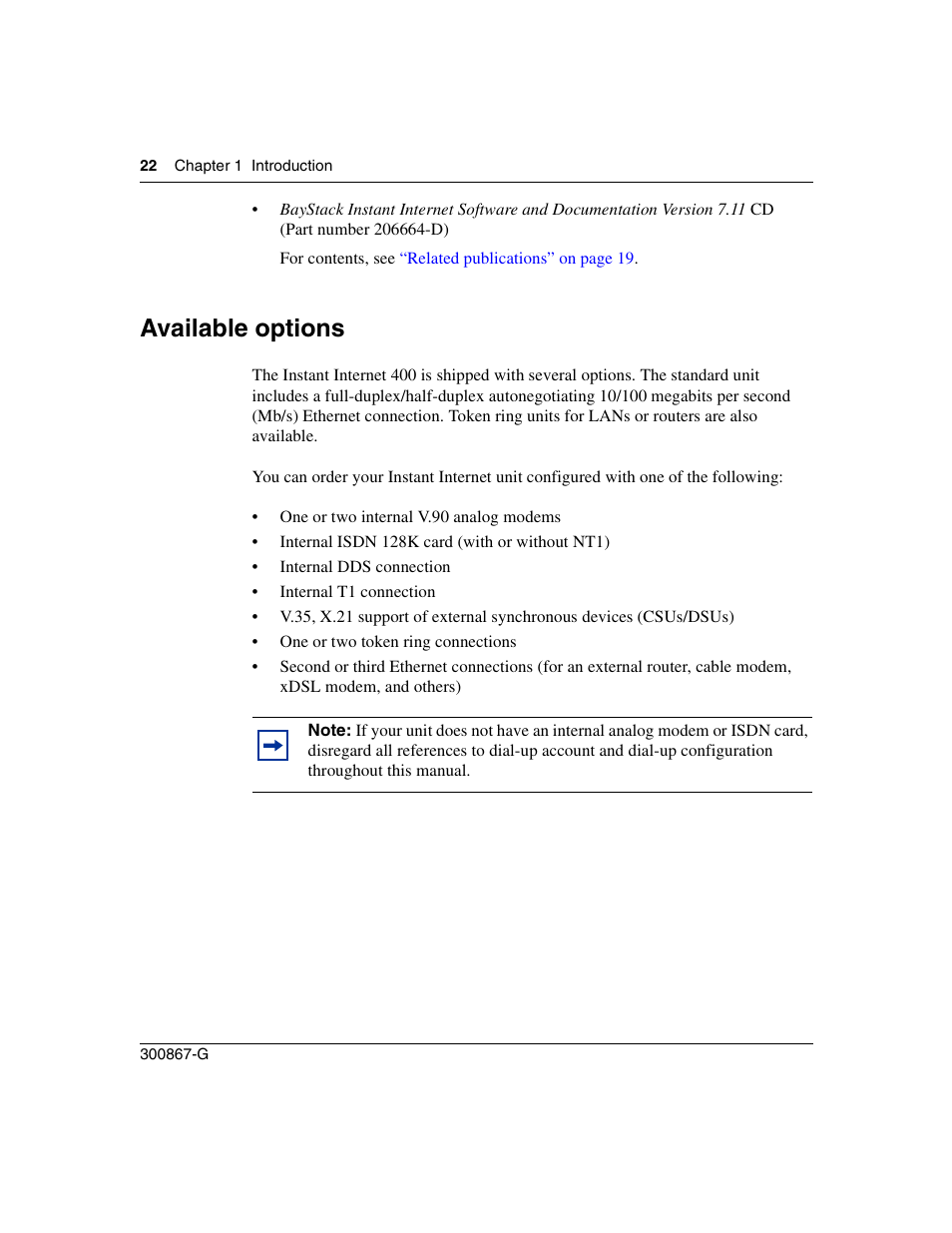 Available options | Nortel Networks Instant Internet 400 Unit User Manual | Page 22 / 60