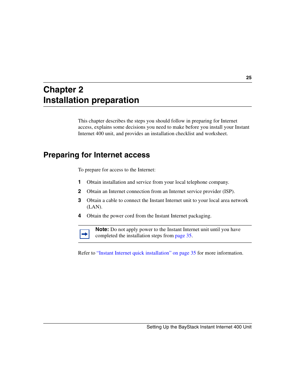 Chapter 2 installation preparation, Preparing for internet access | Nortel Networks Instant Internet 400 Unit User Manual | Page 25 / 60