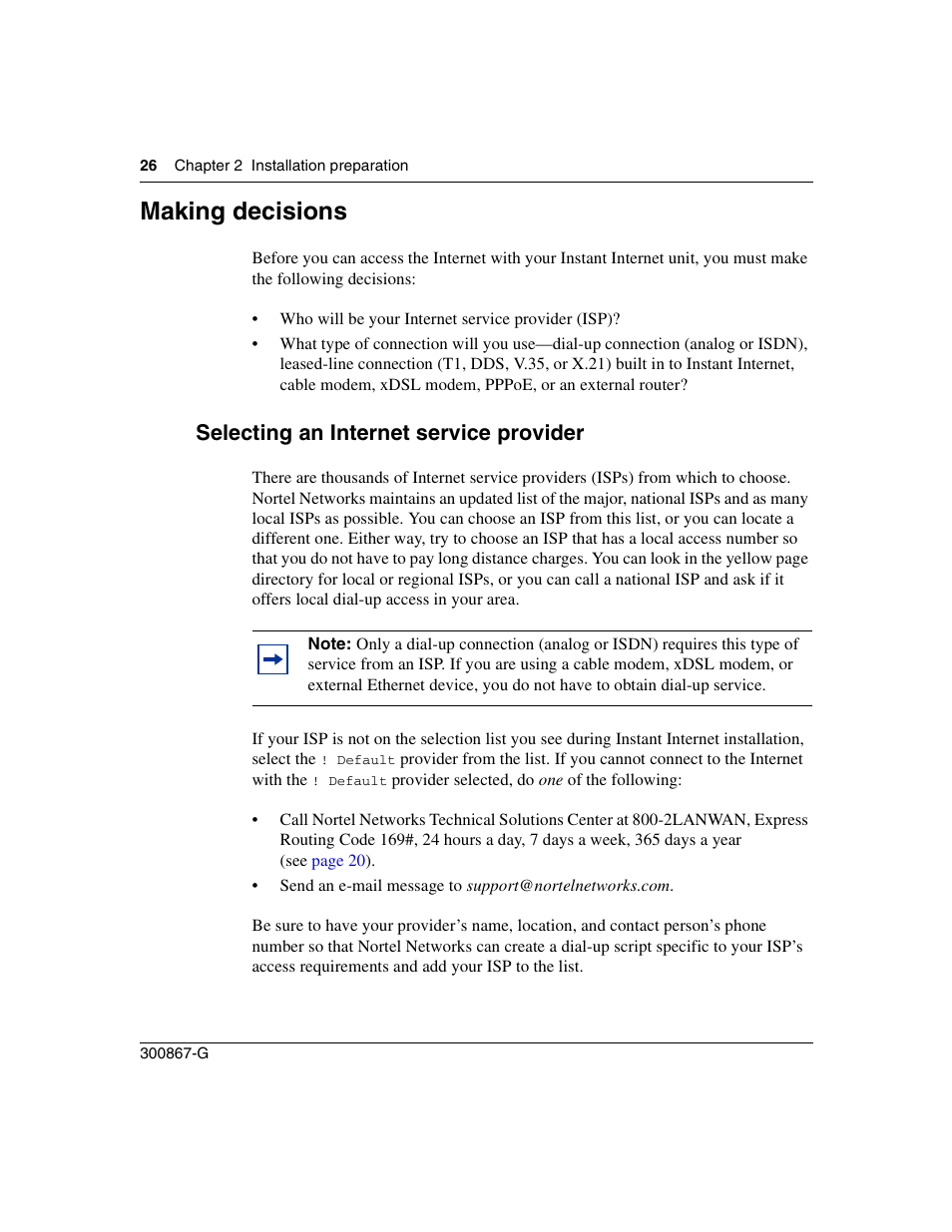 Making decisions, Selecting an internet service provider | Nortel Networks Instant Internet 400 Unit User Manual | Page 26 / 60