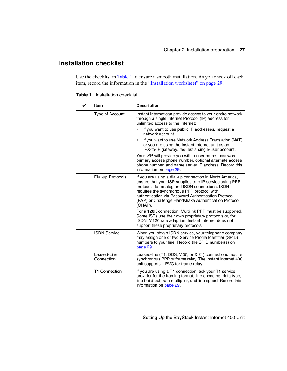 Installation checklist, Table 1 | Nortel Networks Instant Internet 400 Unit User Manual | Page 27 / 60