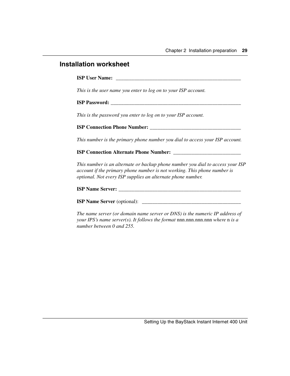 Installation worksheet | Nortel Networks Instant Internet 400 Unit User Manual | Page 29 / 60