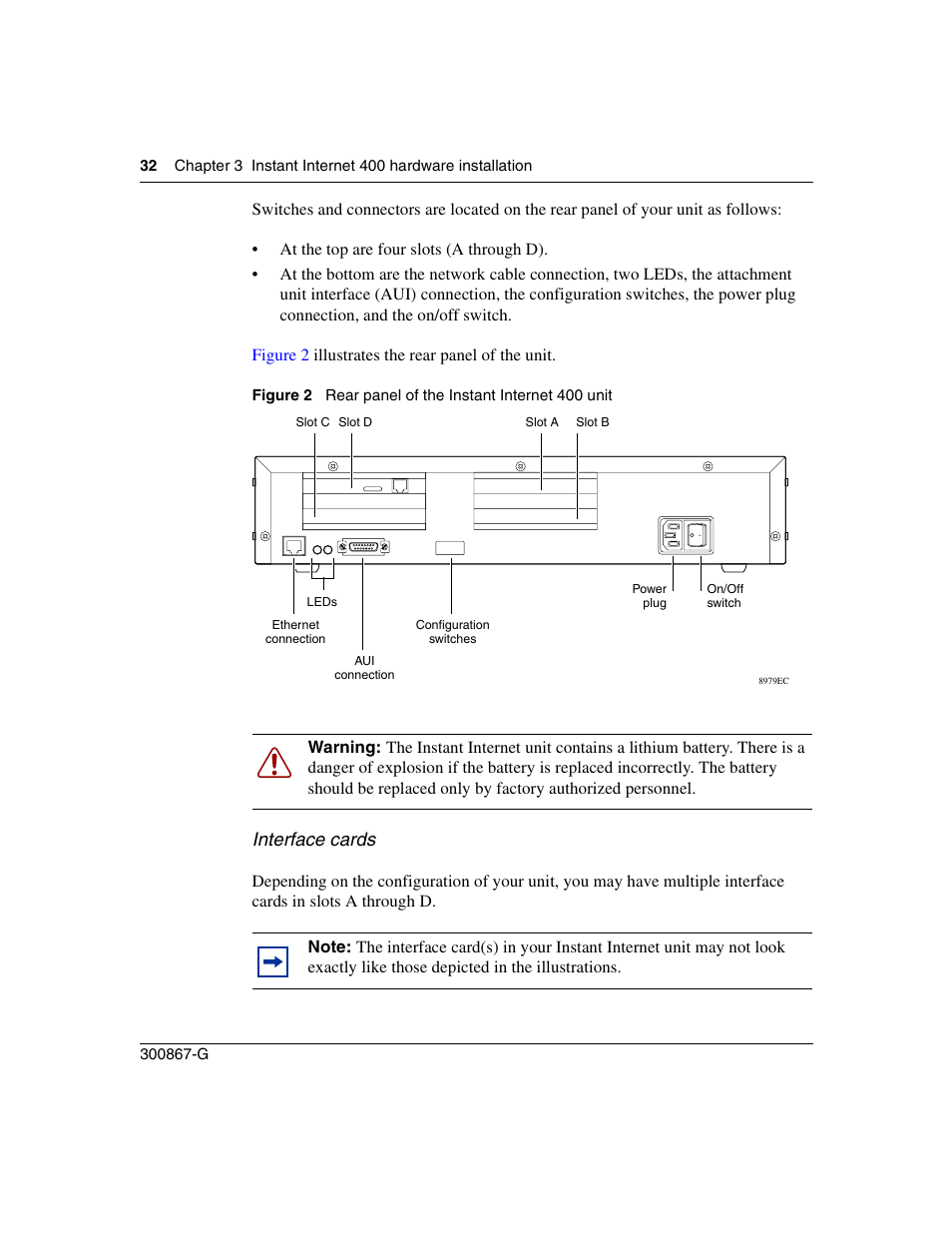 Interface cards, Figure 2, Rear panel of the instant internet 400 unit | Nortel Networks Instant Internet 400 Unit User Manual | Page 32 / 60