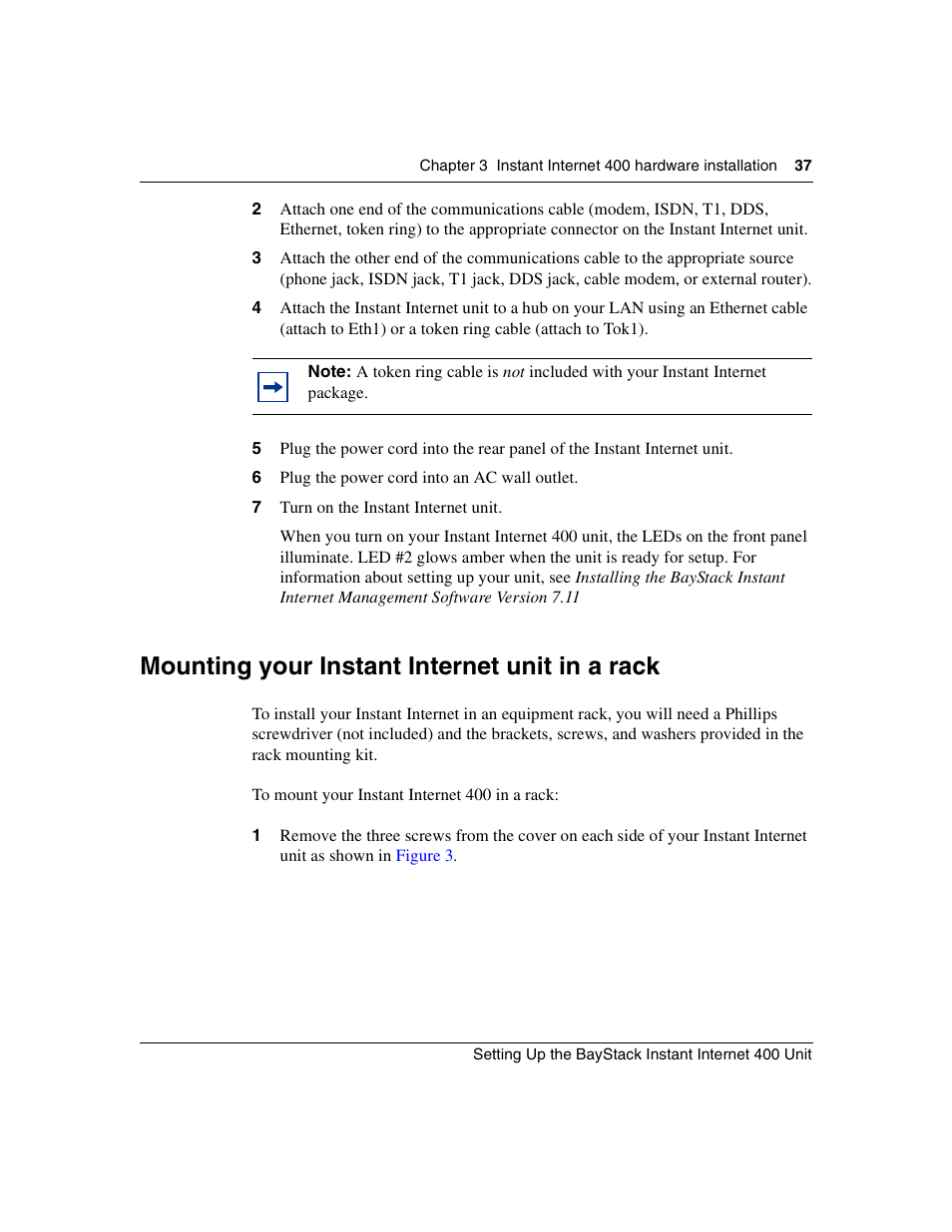 Mounting your instant internet unit in a rack, Mounting your | Nortel Networks Instant Internet 400 Unit User Manual | Page 37 / 60