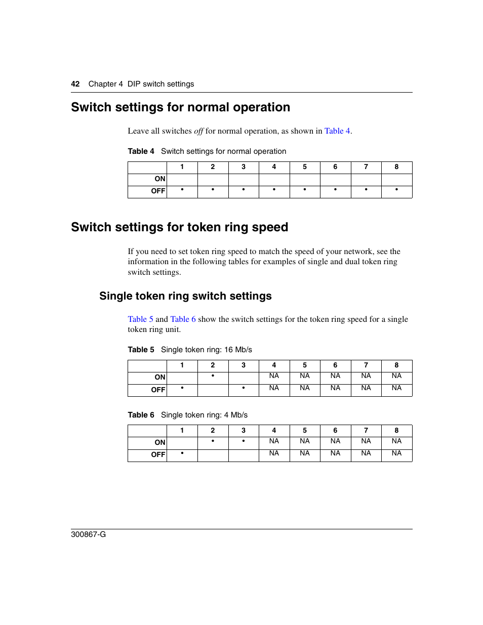 Switch settings for normal operation, Switch settings for token ring speed, Single token ring switch settings | Table 4, Table 5, Single token ring: 16 mb/s, Table 6, Single token ring: 4 mb/s | Nortel Networks Instant Internet 400 Unit User Manual | Page 42 / 60