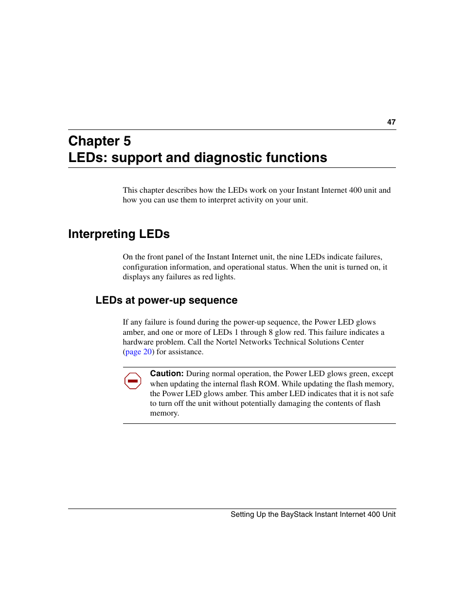 Chapter 5 leds: support and diagnostic functions, Interpreting leds, Leds at power-up sequence | Chapter 5, “leds: support and diagnostic | Nortel Networks Instant Internet 400 Unit User Manual | Page 47 / 60