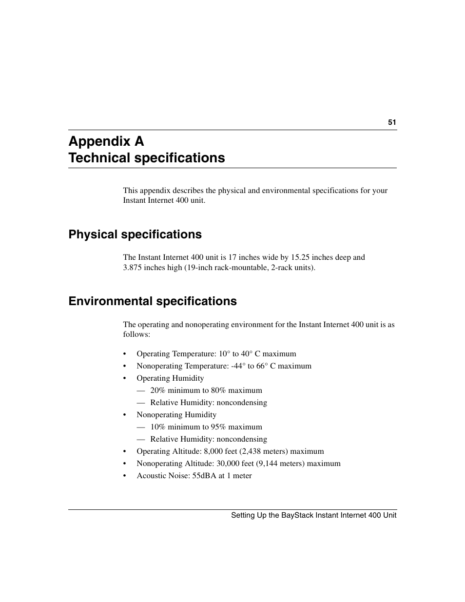 Appendix a technical specifications, Physical specifications, Environmental specifications | Appendix a, “technical specifications | Nortel Networks Instant Internet 400 Unit User Manual | Page 51 / 60