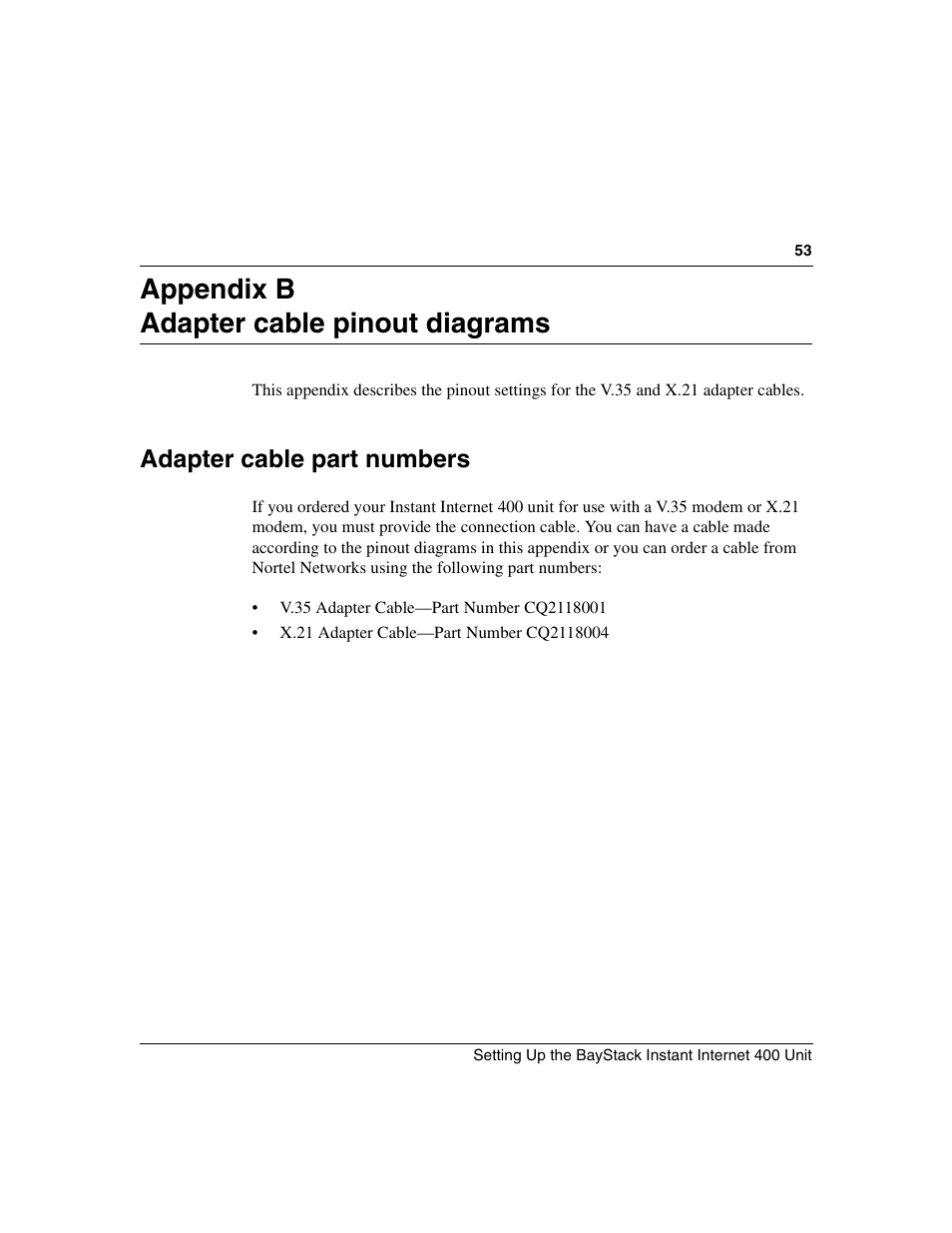 Appendix b adapter cable pinout diagrams, Adapter cable part numbers | Nortel Networks Instant Internet 400 Unit User Manual | Page 53 / 60