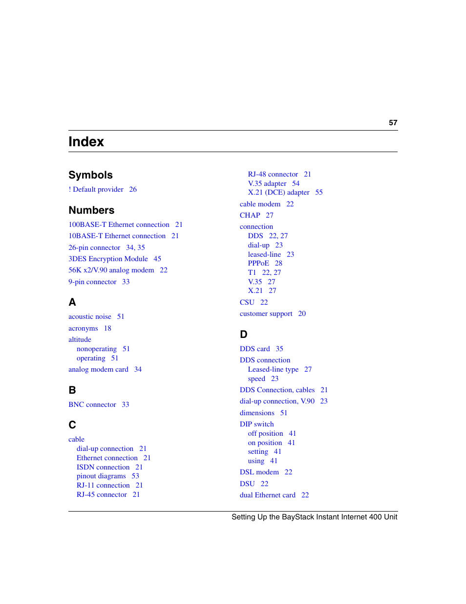 Index, Symbols, Numbers | Nortel Networks Instant Internet 400 Unit User Manual | Page 57 / 60
