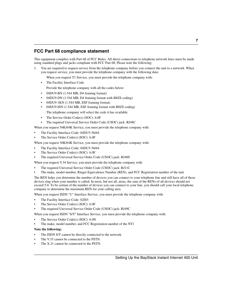 Fcc part 68 compliance statement | Nortel Networks Instant Internet 400 Unit User Manual | Page 7 / 60