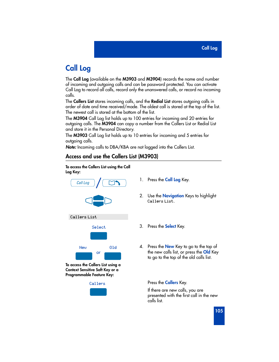 Call log, Access and use the callers list (m3903) | Nortel Networks Meridian M3902 User Manual | Page 105 / 146