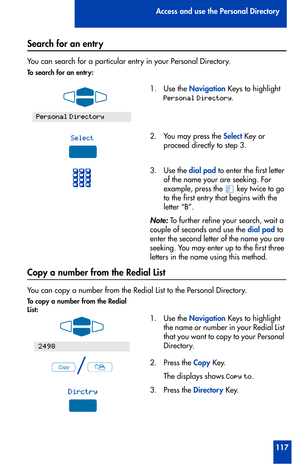 Search for an entry, Copy a number from the redial list | Nortel Networks Meridian M3902 User Manual | Page 117 / 146